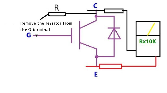 Fig 2 - Diagram of IGBT good or bad measurement--remove the resistor from the G terminal